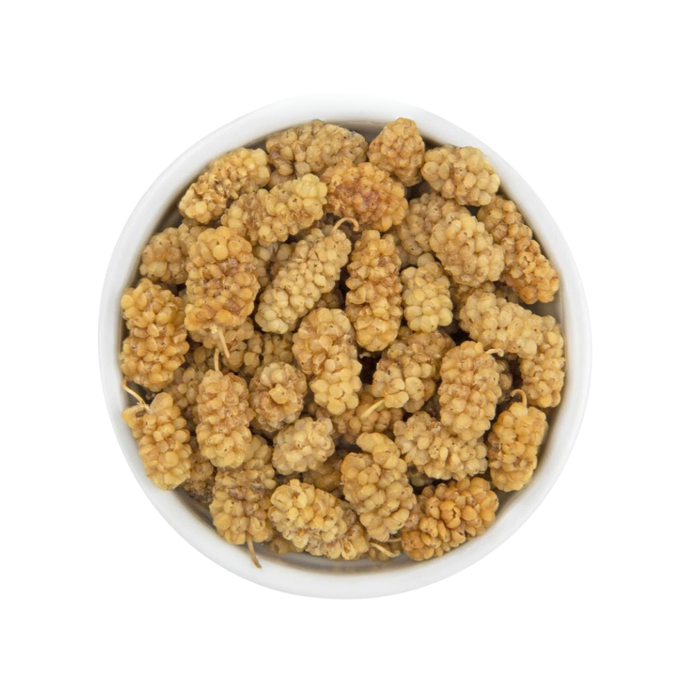 Bulk dried white mulberries in a bowl